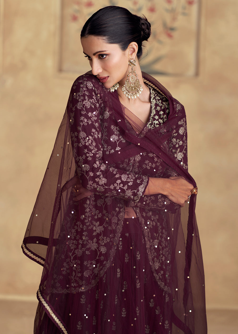 Buy Now Wine Embroidered Chinnon Wedding Party Lehenga Dress Online in USA, UK, Canada & Worldwide at Empress Clothing.