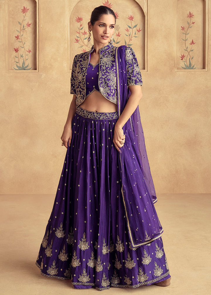 Purple Embroidered Chinnon Wedding Party Lehenga Dress