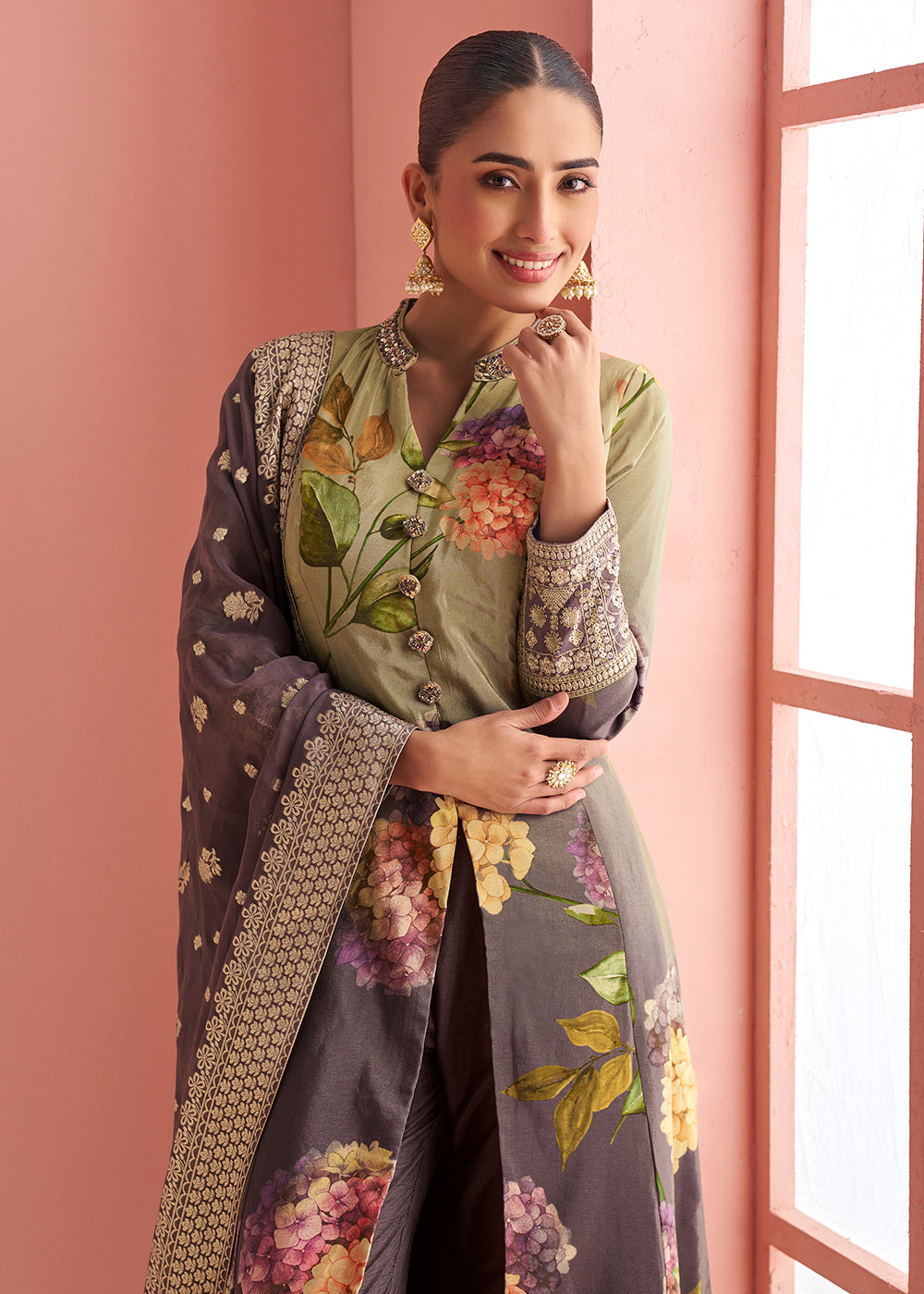 Buy Now Purple & Green Floral Front Cut  Festive Pant Style Suit Online in New York, California, Texas, Toronto, Rome, Madrid, Dubai & Worldwide at Empress.