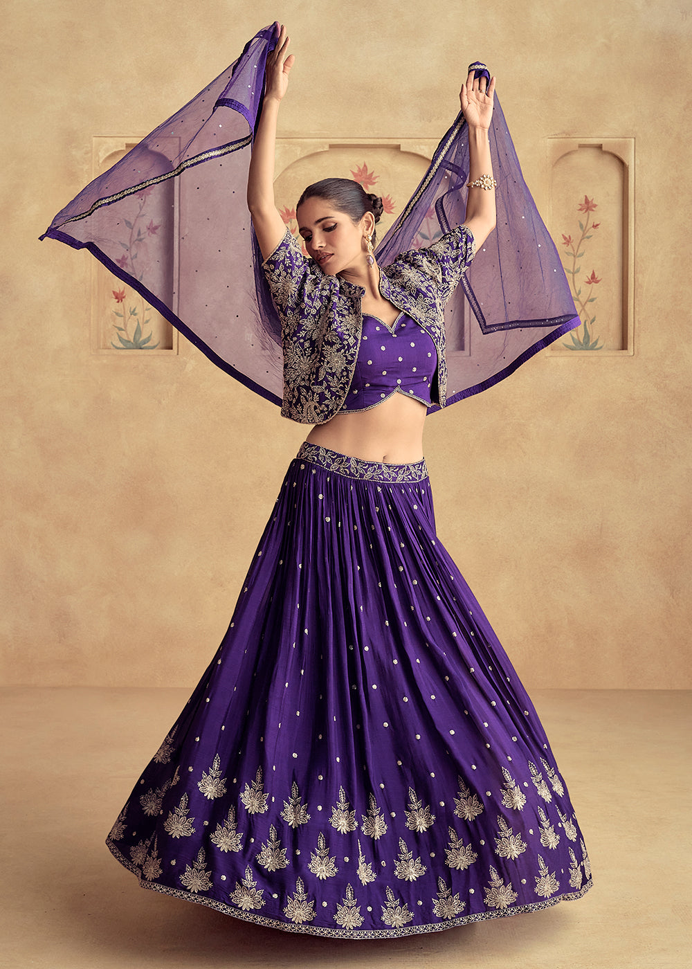 Purple Embroidered Chinnon Wedding Party Lehenga Dress