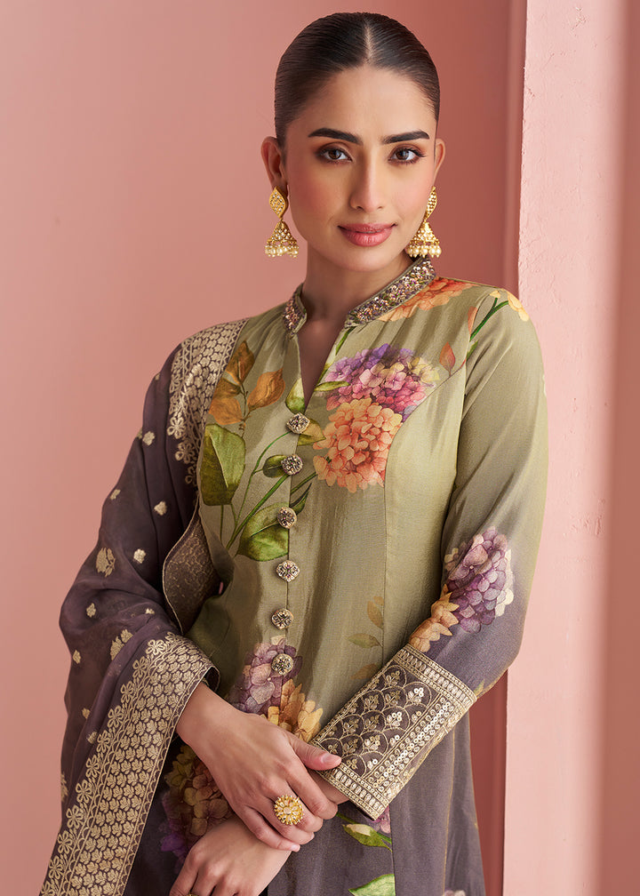 Buy Now Purple & Green Floral Front Cut  Festive Pant Style Suit Online in New York, California, Texas, Toronto, Rome, Madrid, Dubai & Worldwide at Empress.