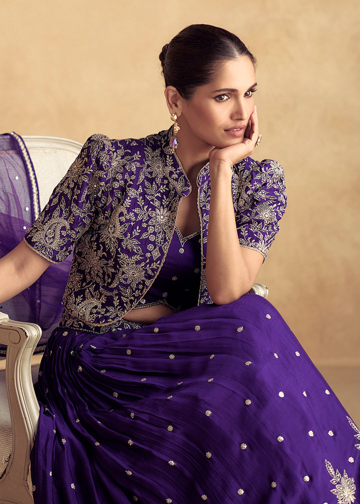 Purple Embroidered Chinnon Wedding Party Lehenga Dress