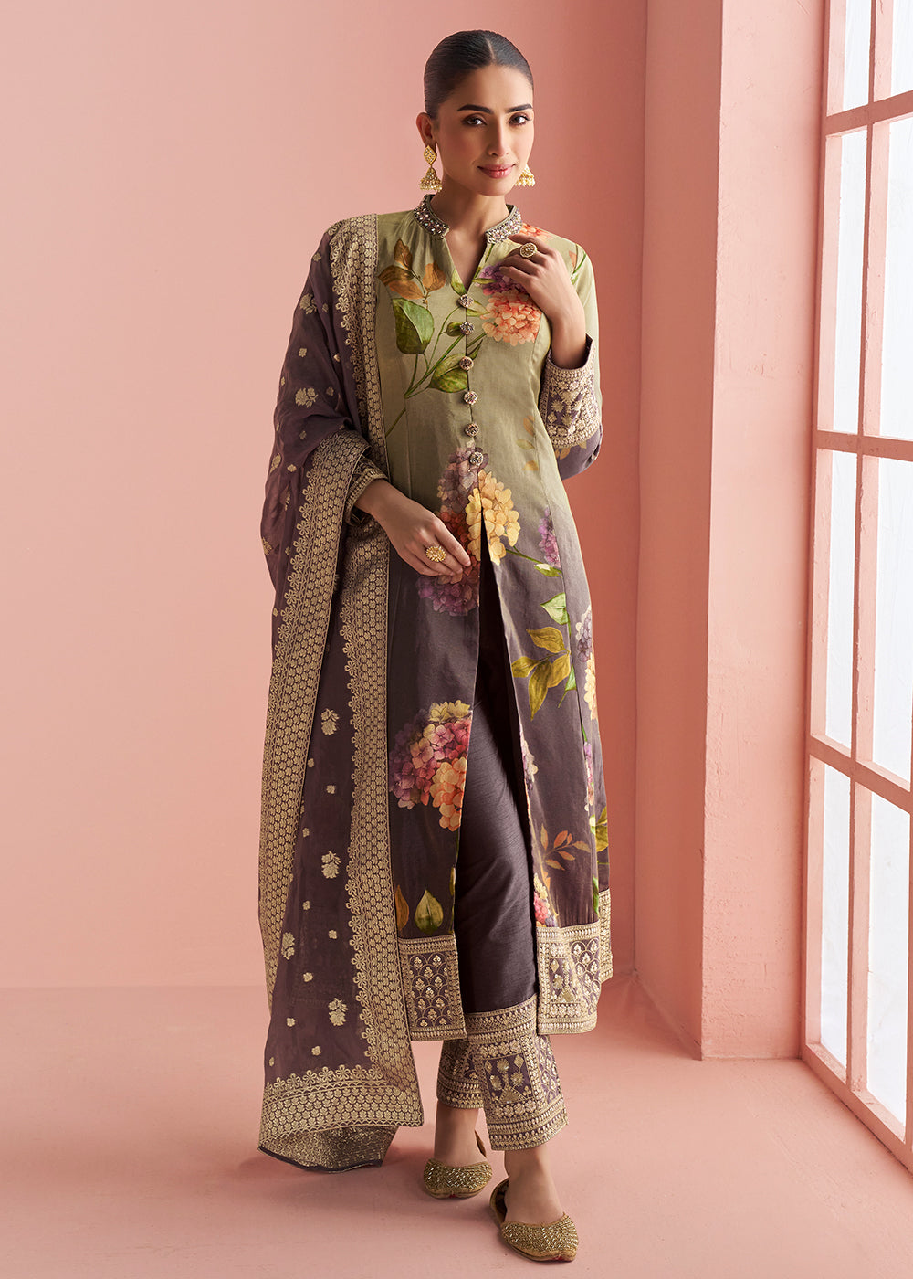 Buy Now Purple & Green Floral Front Cut  Festive Pant Style Suit Online in New York, California, Texas, Toronto, Rome, Madrid, Dubai & Worldwide at Empress.