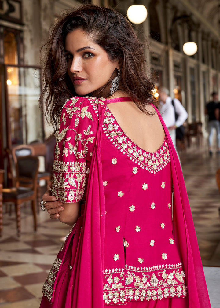 Buy Now Pink Organza Silk Short Kurti Style Palazzo Suit Online in Newark, Yorktown, Toronto, London, Munich, Chicago, Denver, Paris & Worldwide at Empress.
