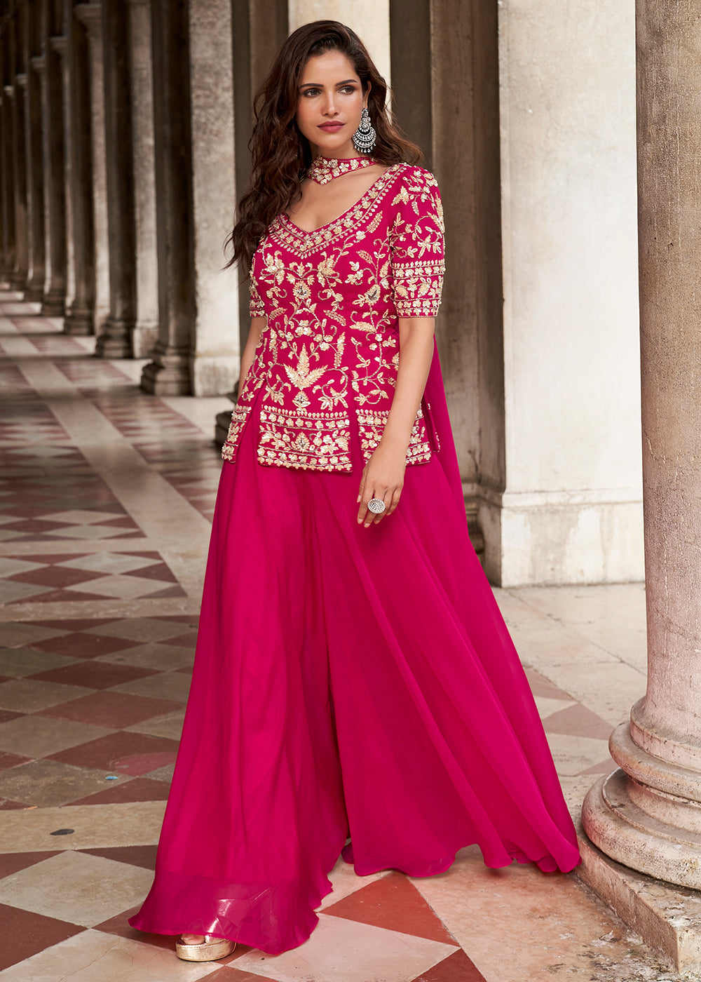 Buy Now Pink Organza Silk Short Kurti Style Palazzo Suit Online in Newark, Yorktown, Toronto, London, Munich, Chicago, Denver, Paris & Worldwide at Empress.