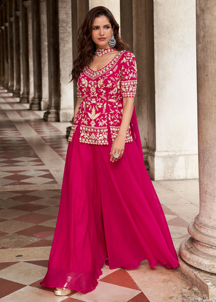 Buy Now Pink Organza Silk Short Kurti Style Palazzo Suit Online in Newark, Yorktown, Toronto, London, Munich, Chicago, Denver, Paris & Worldwide at Empress.