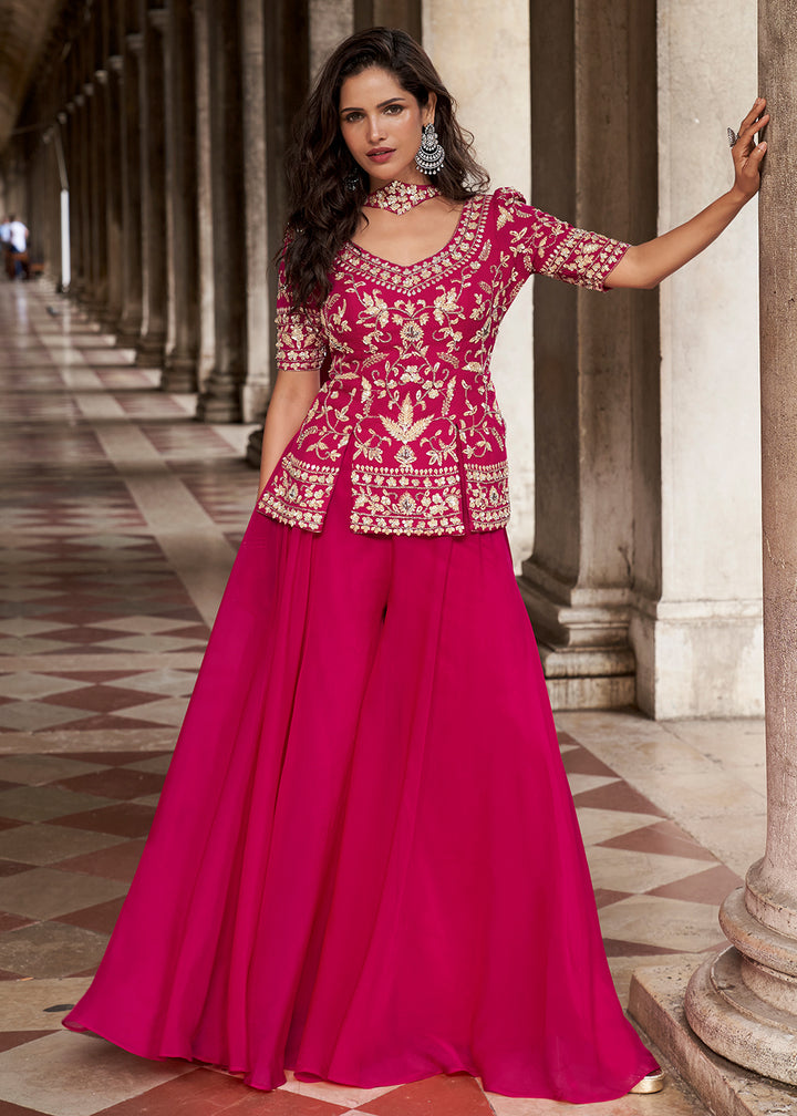 Buy Now Pink Organza Silk Short Kurti Style Palazzo Suit Online in Newark, Yorktown, Toronto, London, Munich, Chicago, Denver, Paris & Worldwide at Empress.
