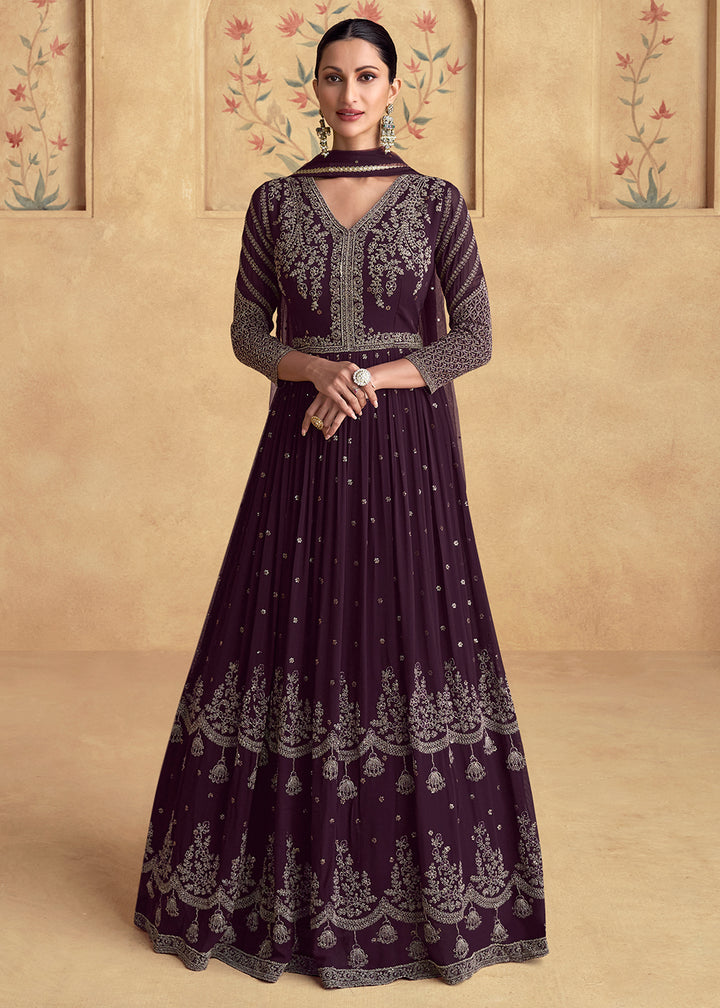 Buy Now Purple Embroidered Georgette Wedding Party Anarkali Suit Online in USA, UK, Australia, New Zealand, Canada & Worldwide at Empress Clothing. 