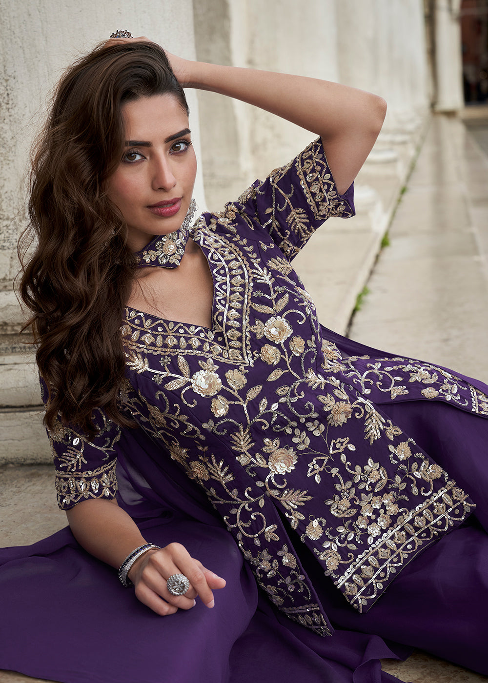 Buy Now Purple Organza Silk Short Kurti Style Palazzo Suit Online in Newark, Yorktown, Toronto, London, Munich, Chicago, Denver, Paris & Worldwide at Empress.