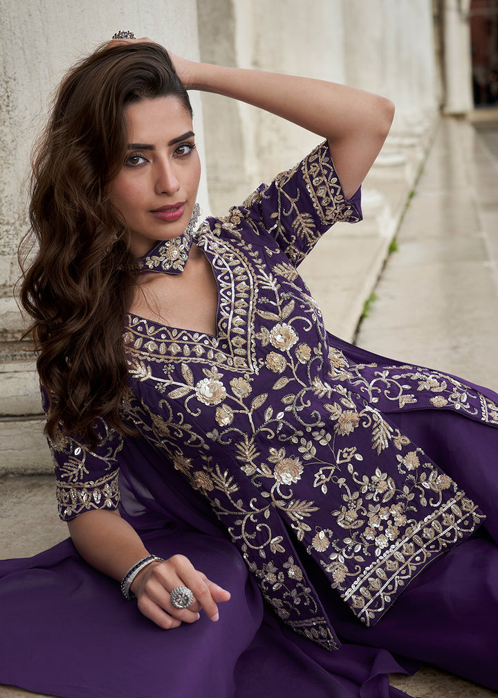 Buy Now Purple Organza Silk Short Kurti Style Palazzo Suit Online in Newark, Yorktown, Toronto, London, Munich, Chicago, Denver, Paris & Worldwide at Empress.