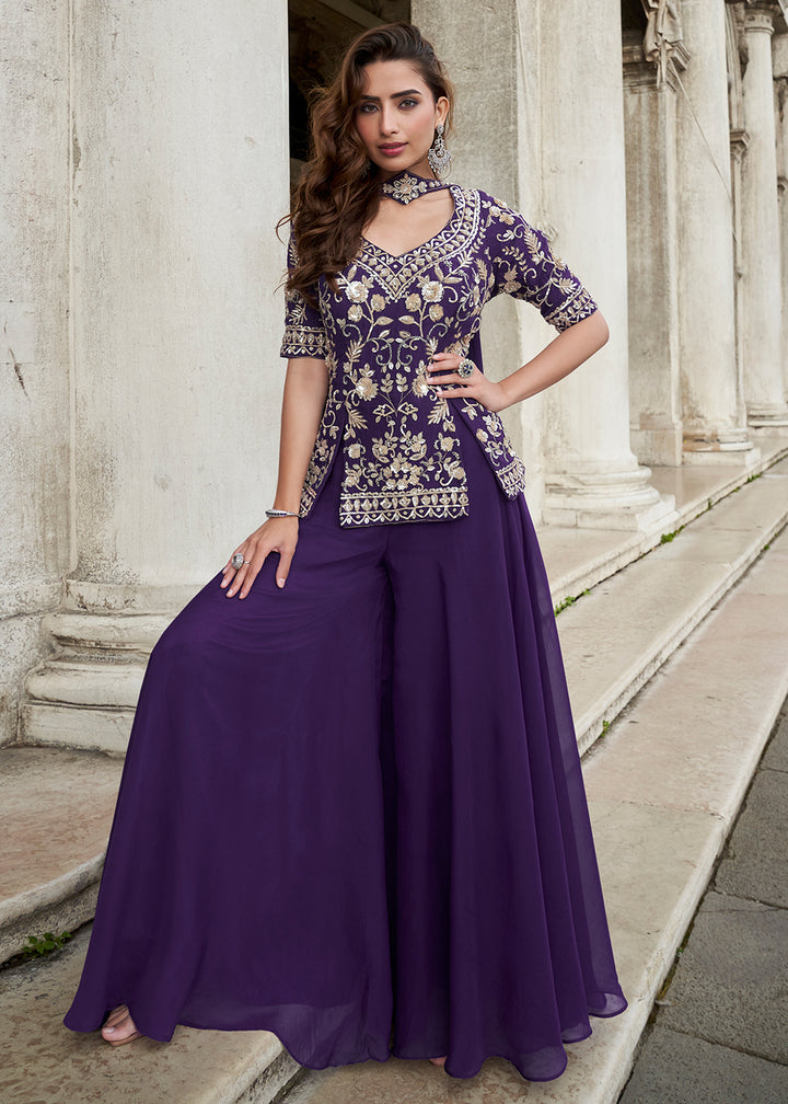 Buy Now Purple Organza Silk Short Kurti Style Palazzo Suit Online in Newark, Yorktown, Toronto, London, Munich, Chicago, Denver, Paris & Worldwide at Empress.