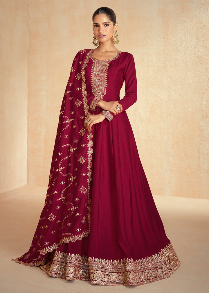 Buy Now Maroon Silk Embroidered Wedding Party Anarkali Suit Online in USA, UK, Australia, Italy, Germany, Canada, UAE & Worldwide at Empress Clothing. 