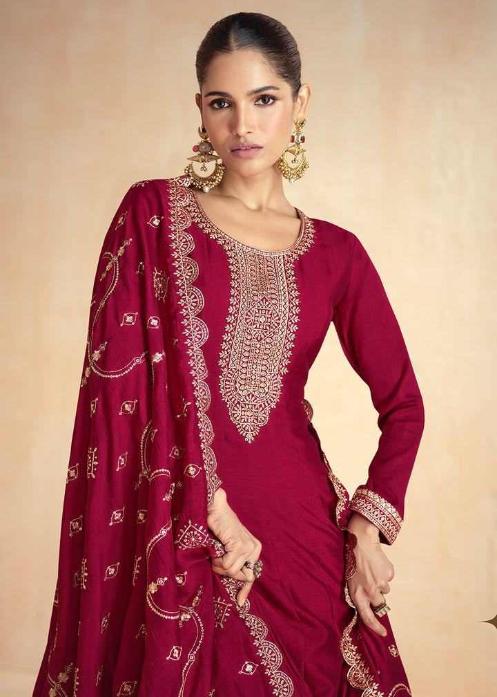 Buy Now Maroon Silk Embroidered Wedding Party Anarkali Suit Online in USA, UK, Australia, Italy, Germany, Canada, UAE & Worldwide at Empress Clothing. 