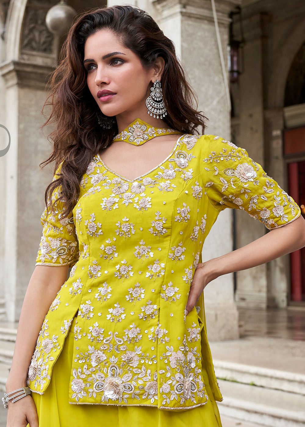 Buy Now Yellow Organza Silk Short Kurti Style Palazzo Suit Online in Newark, Yorktown, Toronto, London, Munich, Chicago, Denver, Paris & Worldwide at Empress.