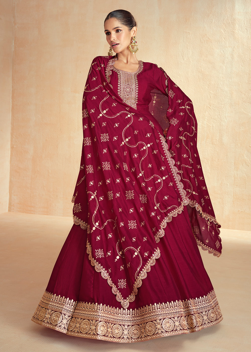 Buy Now Maroon Silk Embroidered Wedding Party Anarkali Suit Online in USA, UK, Australia, Italy, Germany, Canada, UAE & Worldwide at Empress Clothing. 