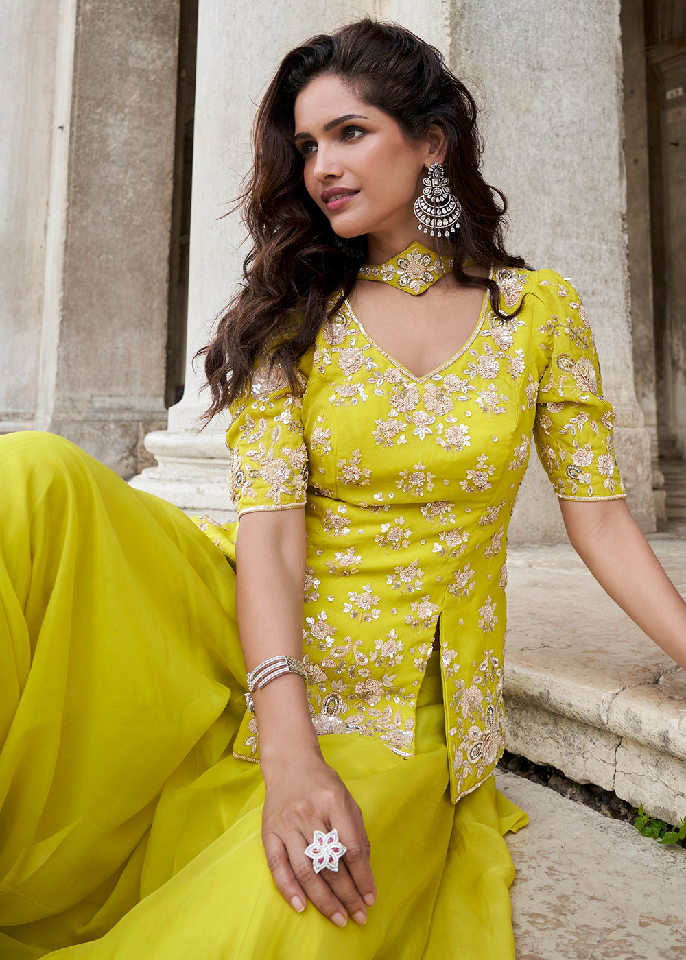 Buy Now Yellow Organza Silk Short Kurti Style Palazzo Suit Online in Newark, Yorktown, Toronto, London, Munich, Chicago, Denver, Paris & Worldwide at Empress.