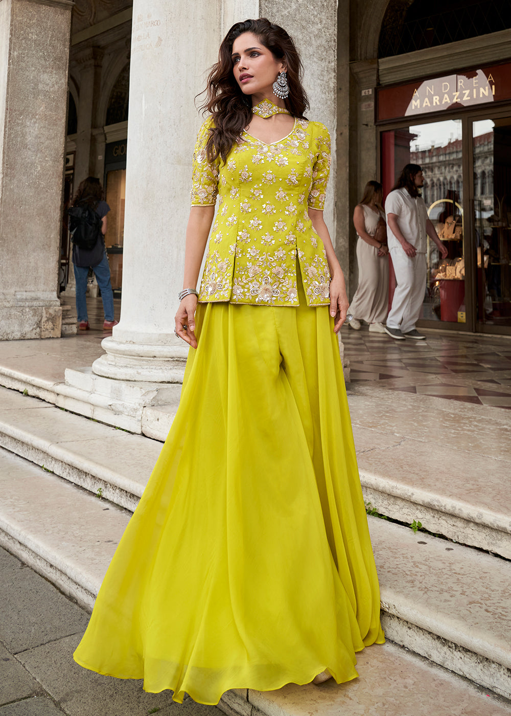Buy Now Yellow Organza Silk Short Kurti Style Palazzo Suit Online in Newark, Yorktown, Toronto, London, Munich, Chicago, Denver, Paris & Worldwide at Empress.