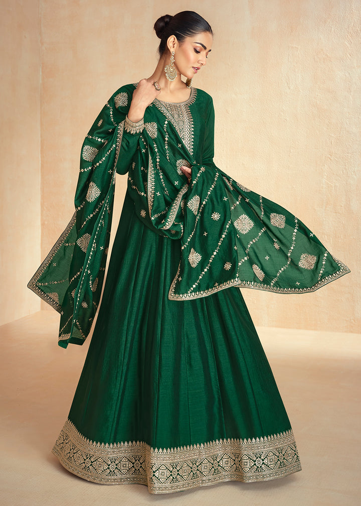 Buy Now Green Silk Embroidered Wedding Party Anarkali Suit Online in USA, UK, Australia, Italy, Germany, Canada, UAE & Worldwide at Empress Clothing. 