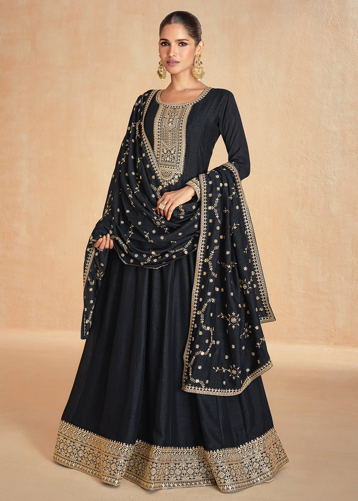 Buy Now Black Silk Embroidered Wedding Party Anarkali Suit Online in USA, UK, Australia, Italy, Germany, Canada, UAE & Worldwide at Empress Clothing.