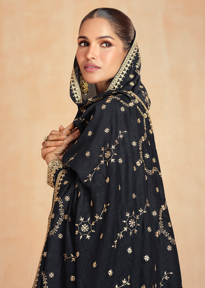 Buy Now Black Silk Embroidered Wedding Party Anarkali Suit Online in USA, UK, Australia, Italy, Germany, Canada, UAE & Worldwide at Empress Clothing.