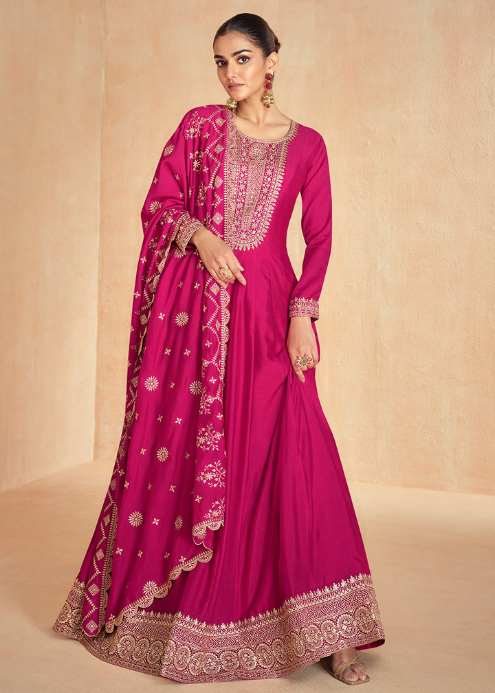 Buy Now Pink Silk Embroidered Wedding Party Anarkali Suit Online in USA, UK, Australia, Italy, Germany, Canada, UAE & Worldwide at Empress Clothing. 