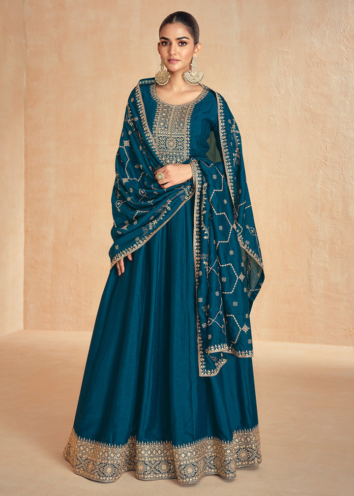 Buy Now Blue Silk Embroidered Wedding Party Anarkali Suit Online in USA, UK, Australia, Italy, Germany, Canada, UAE & Worldwide at Empress Clothing. 