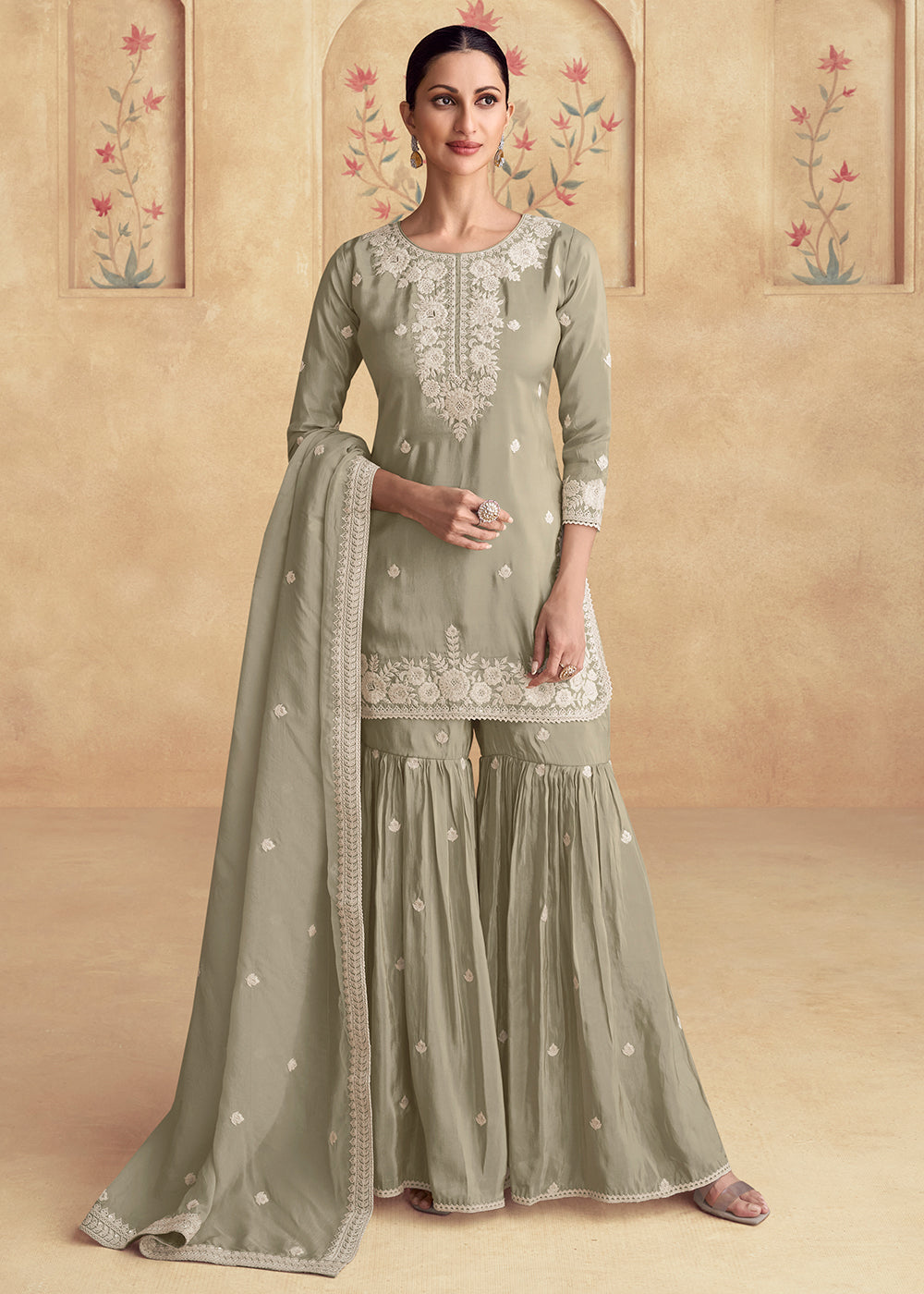 Shop Now Sage Green Silk Embroidered Festive Gharara Suit Online at Empress Clothing in USA, UK, Canada, Germany, UAE & Worldwide. 