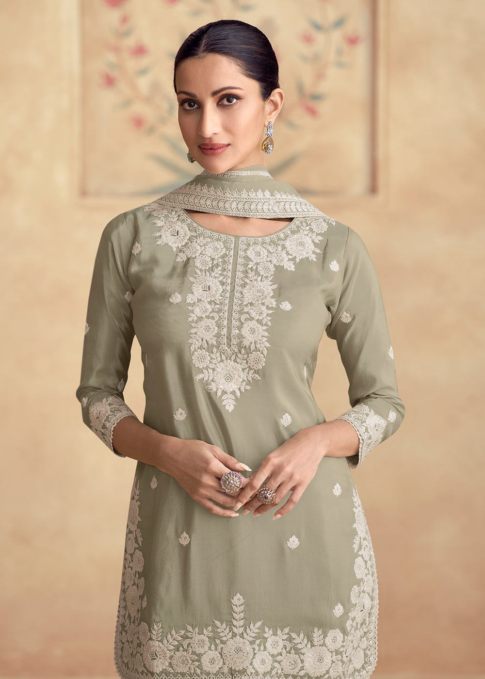 Shop Now Sage Green Silk Embroidered Festive Gharara Suit Online at Empress Clothing in USA, UK, Canada, Germany, UAE & Worldwide. 