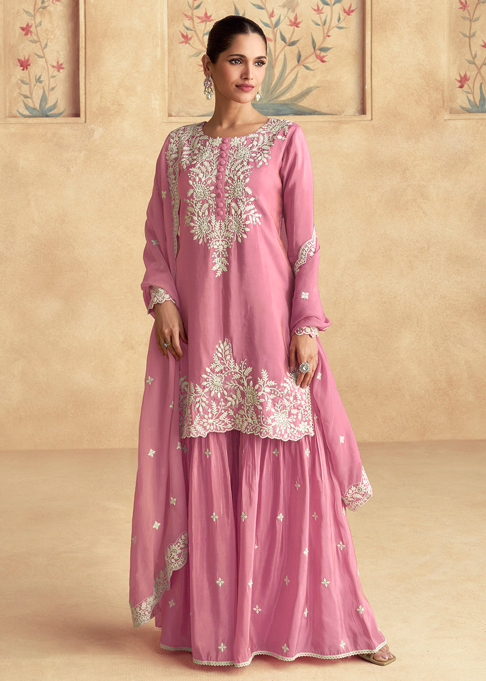 Shop Now Pink Silk Embroidered Festive Gharara Suit Online at Empress Clothing in USA, UK, Canada, Germany, UAE & Worldwide.