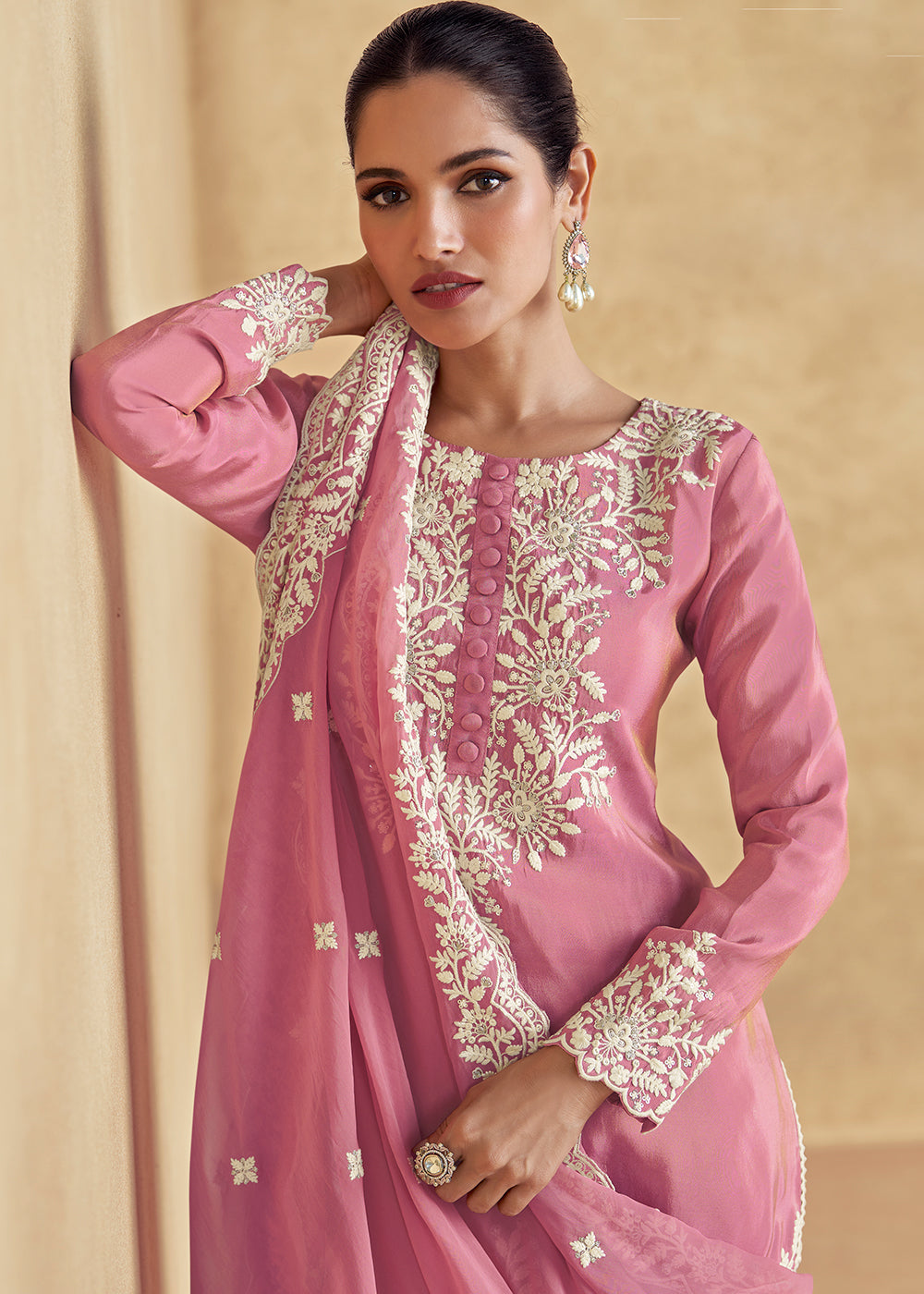 Shop Now Pink Silk Embroidered Festive Gharara Suit Online at Empress Clothing in USA, UK, Canada, Germany, UAE & Worldwide.