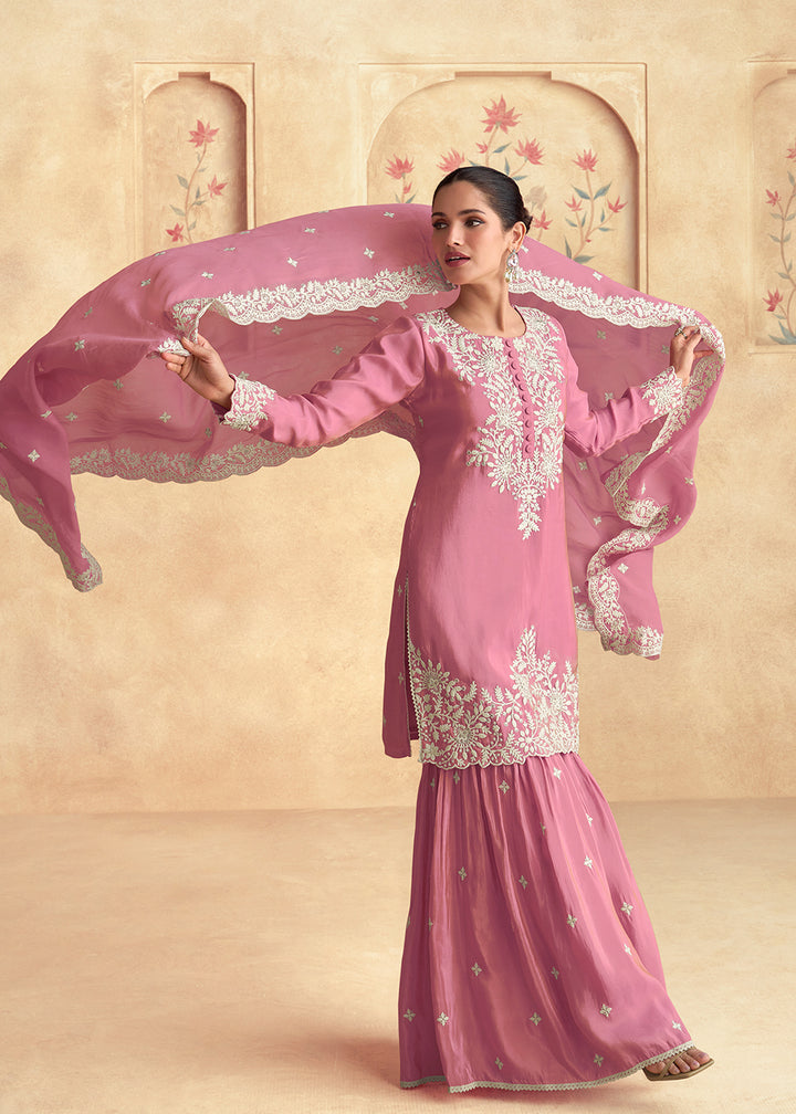 Shop Now Pink Silk Embroidered Festive Gharara Suit Online at Empress Clothing in USA, UK, Canada, Germany, UAE & Worldwide.