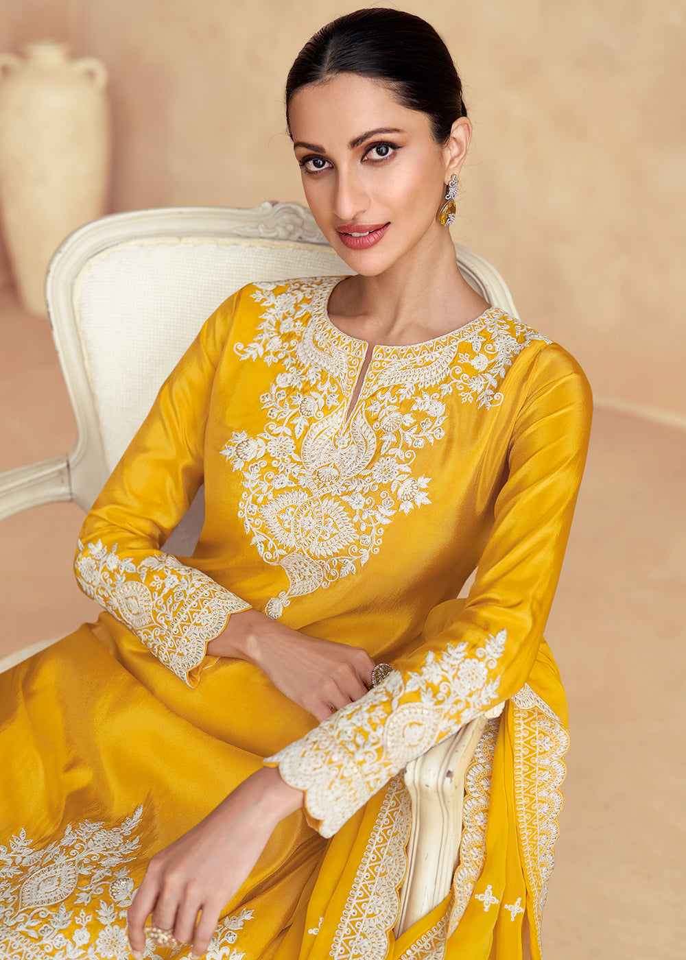 Shop Now Yellow Silk Embroidered Festive Gharara Suit Online at Empress Clothing in USA, UK, Canada, Germany, UAE & Worldwide. 