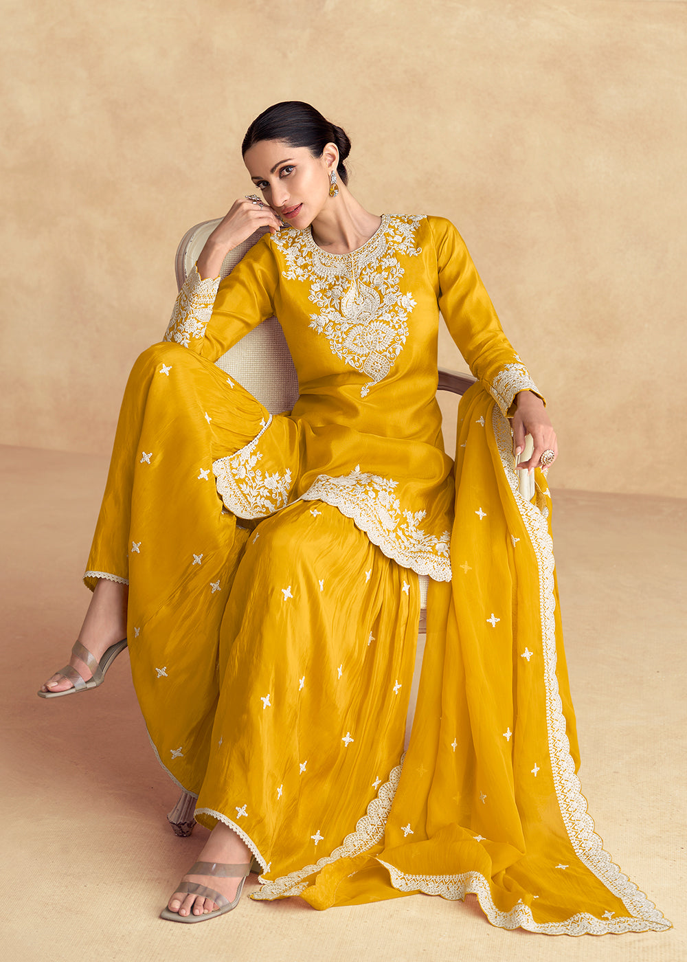 Shop Now Yellow Silk Embroidered Festive Gharara Suit Online at Empress Clothing in USA, UK, Canada, Germany, UAE & Worldwide. 