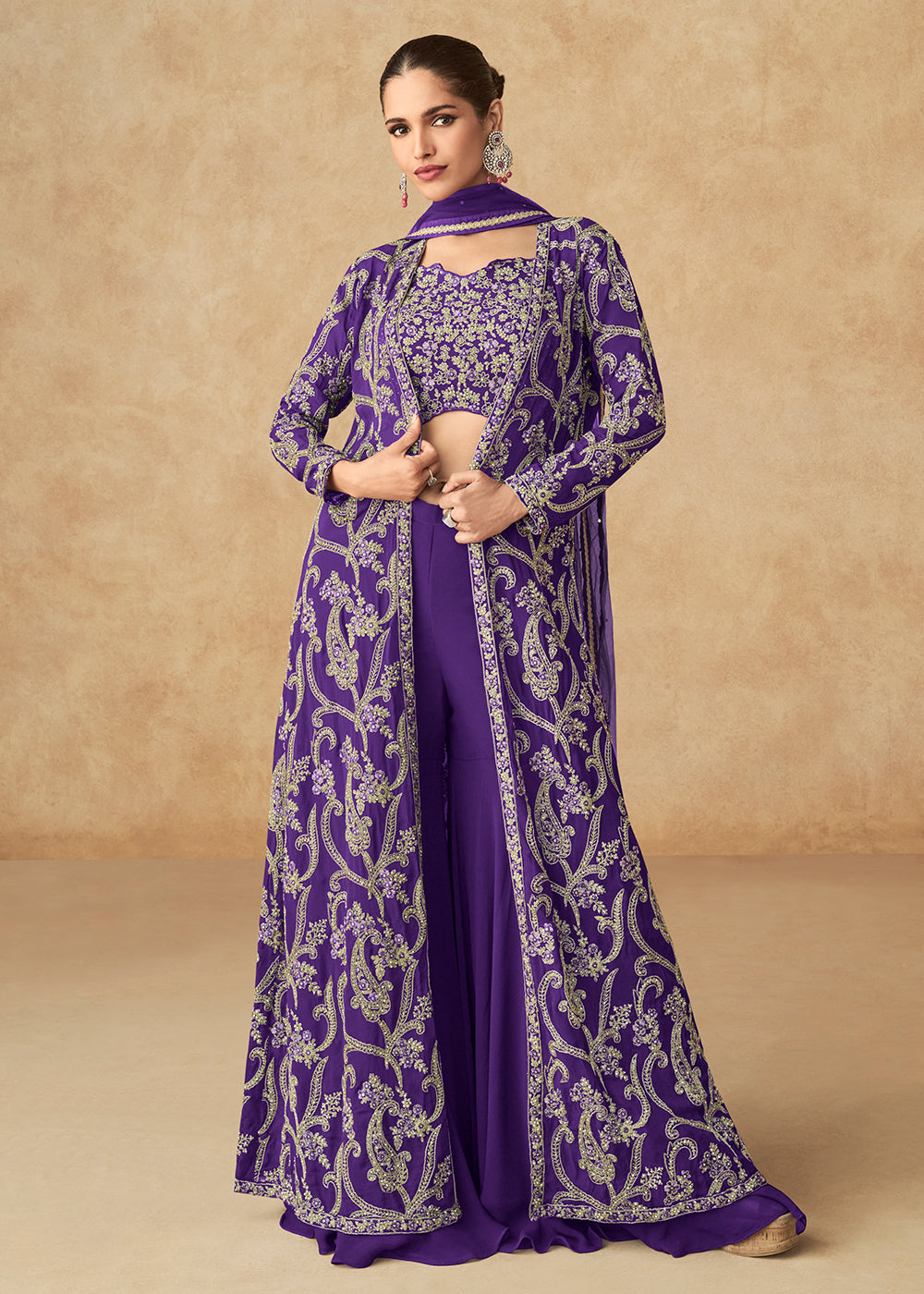 Buy Now Violet Purple Embroidered Jacket Style Palazzo Suit Online in USA, UK, Canada, Germany, Italy & Worldwide at Empress Clothing.