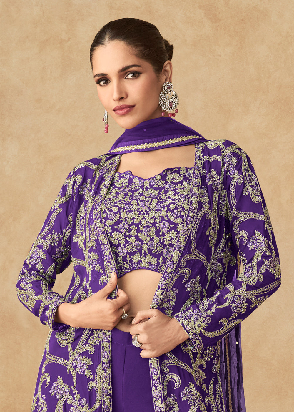 Buy Now Violet Purple Embroidered Jacket Style Palazzo Suit Online in USA, UK, Canada, Germany, Italy & Worldwide at Empress Clothing.