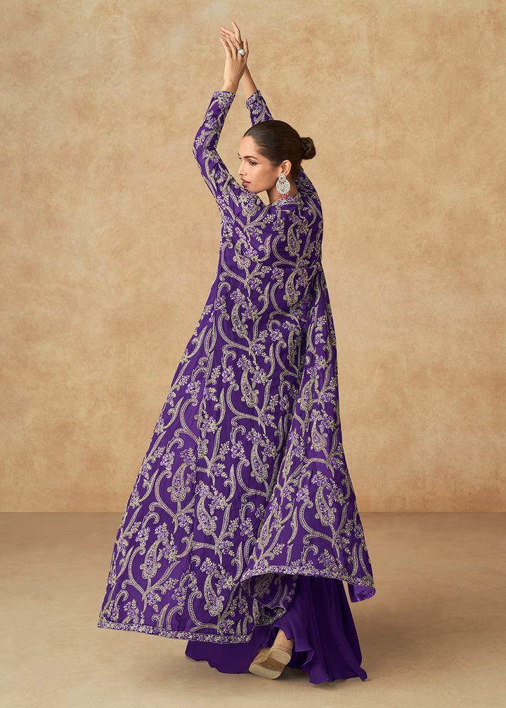 Buy Now Violet Purple Embroidered Jacket Style Palazzo Suit Online in USA, UK, Canada, Germany, Italy & Worldwide at Empress Clothing.