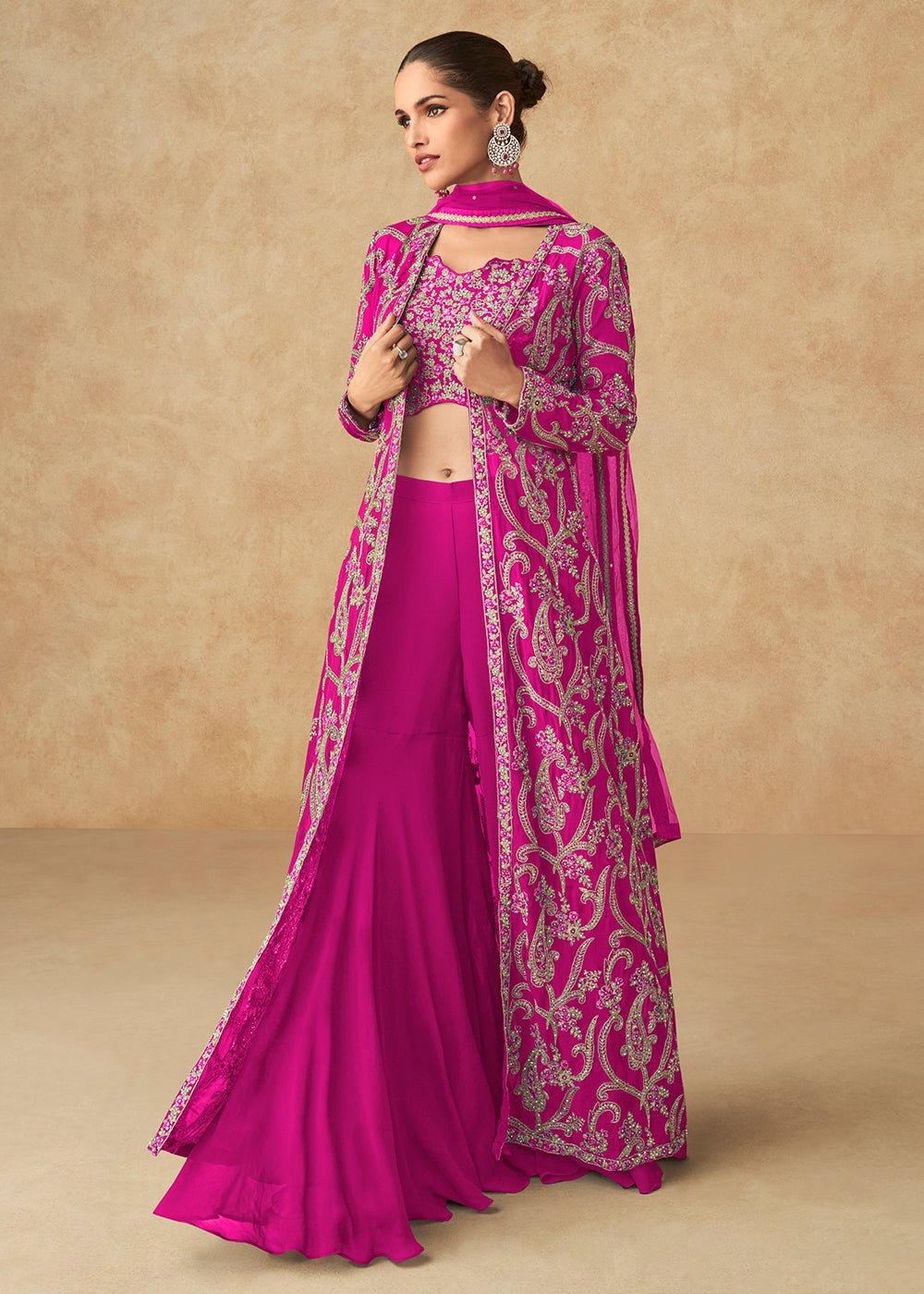 Buy Now Hot Pink Embroidered Jacket Style Palazzo Suit Online in USA, UK, Canada, Germany, Italy & Worldwide at Empress Clothing. 