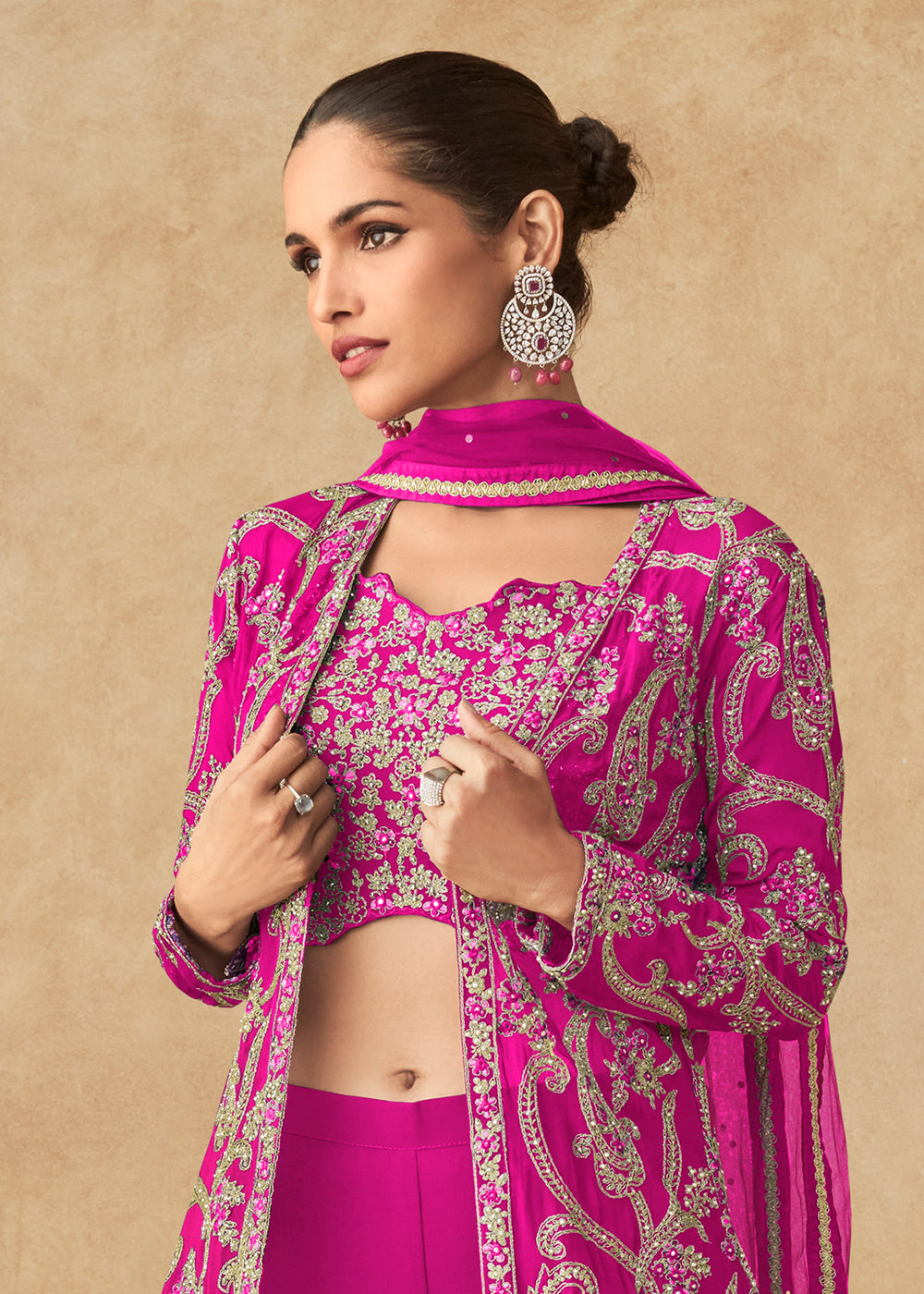 Buy Now Hot Pink Embroidered Jacket Style Palazzo Suit Online in USA, UK, Canada, Germany, Italy & Worldwide at Empress Clothing. 