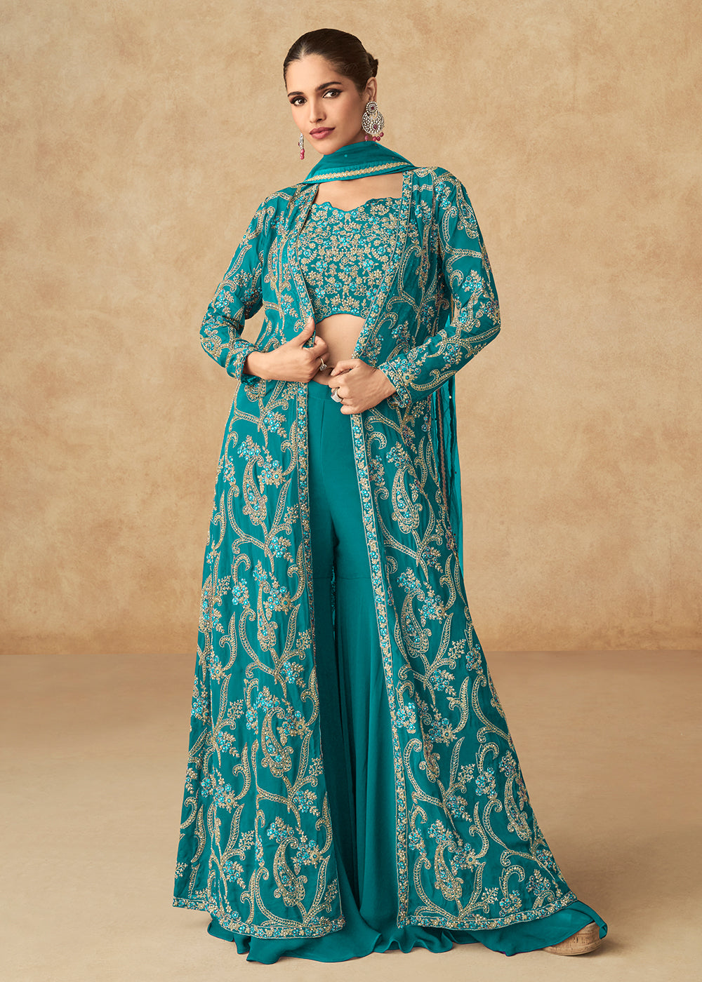 Buy Now Teal Green Embroidered Jacket Style Palazzo Suit Online in USA, UK, Canada, Germany, Italy & Worldwide at Empress Clothing.