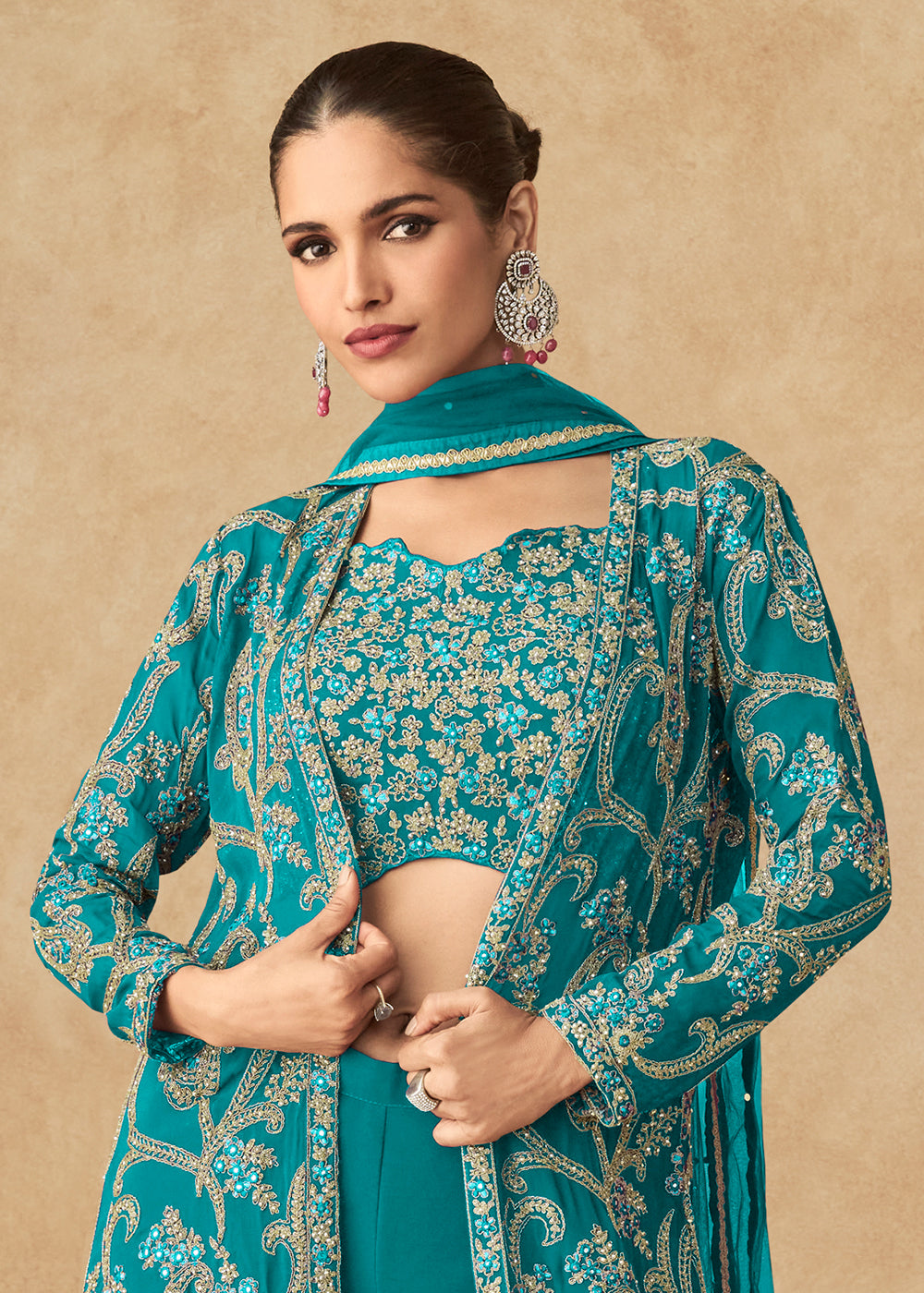 Buy Now Teal Green Embroidered Jacket Style Palazzo Suit Online in USA, UK, Canada, Germany, Italy & Worldwide at Empress Clothing.