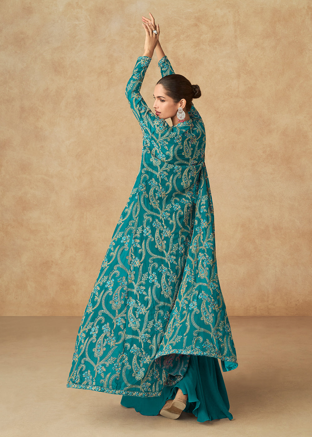 Buy Now Teal Green Embroidered Jacket Style Palazzo Suit Online in USA, UK, Canada, Germany, Italy & Worldwide at Empress Clothing.