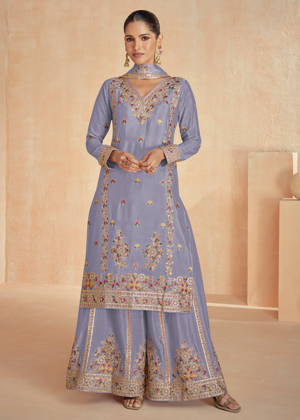 Buy Now Chinnon Silk Embroidered Lilac Designer Palazzo Suit Online in USA, UK, Canada, Germany & Worldwide at Empress Clothing