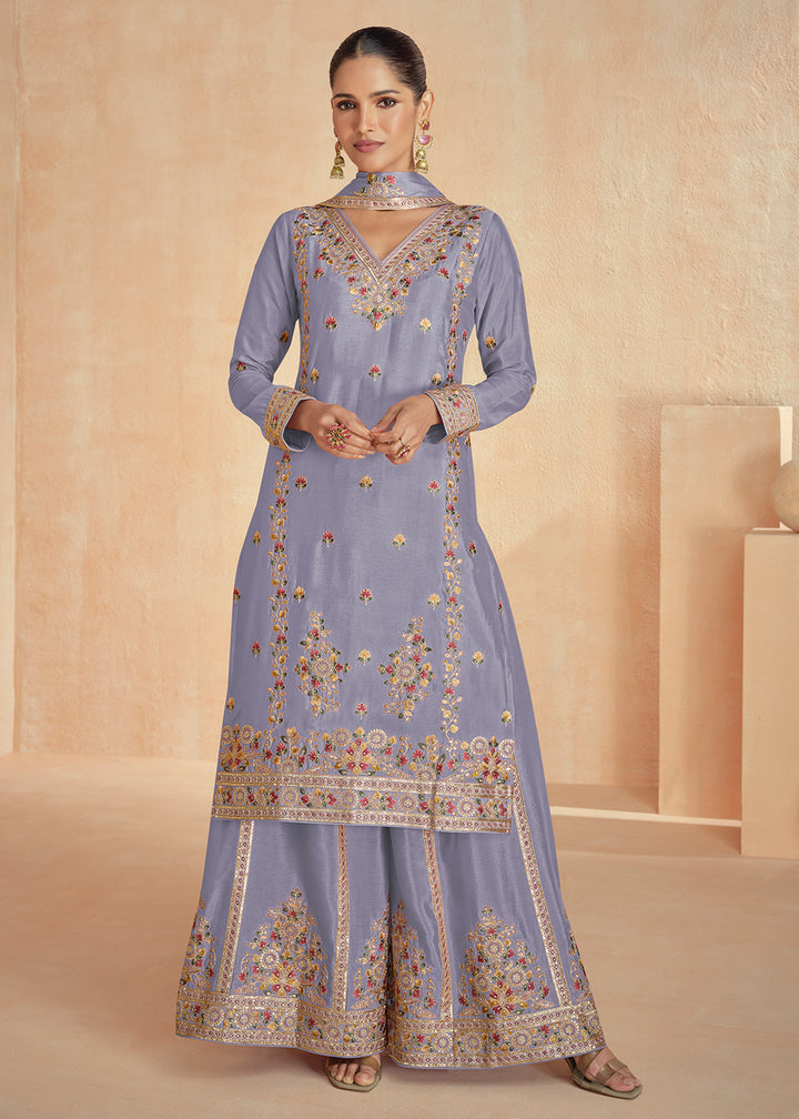 Buy Now Chinnon Silk Embroidered Lilac Designer Palazzo Suit Online in USA, UK, Canada, Germany & Worldwide at Empress Clothing