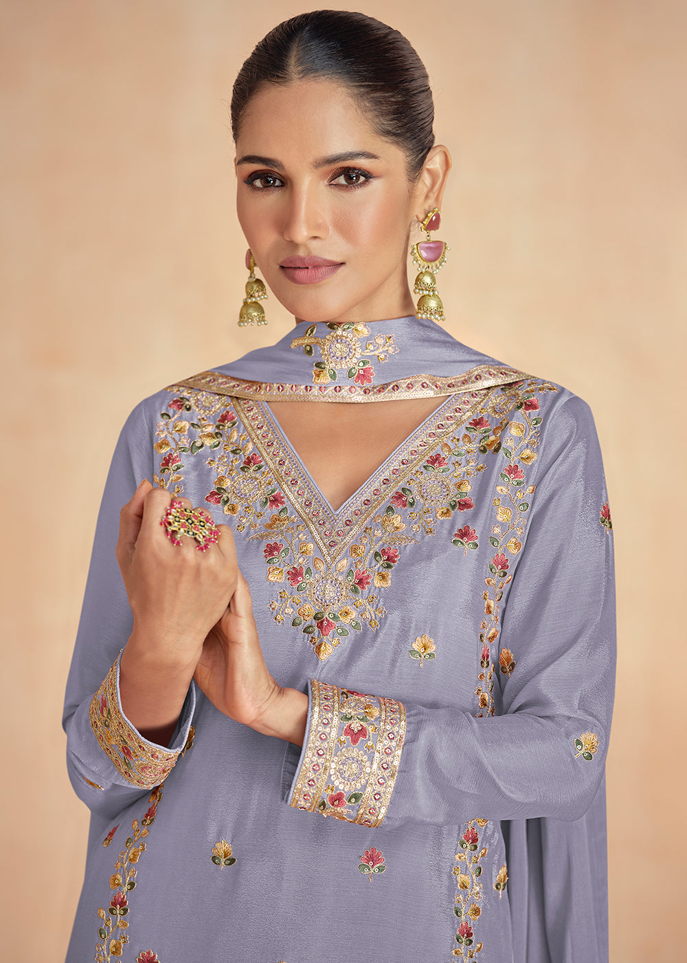 Buy Now Chinnon Silk Embroidered Lilac Designer Palazzo Suit Online in USA, UK, Canada, Germany & Worldwide at Empress Clothing