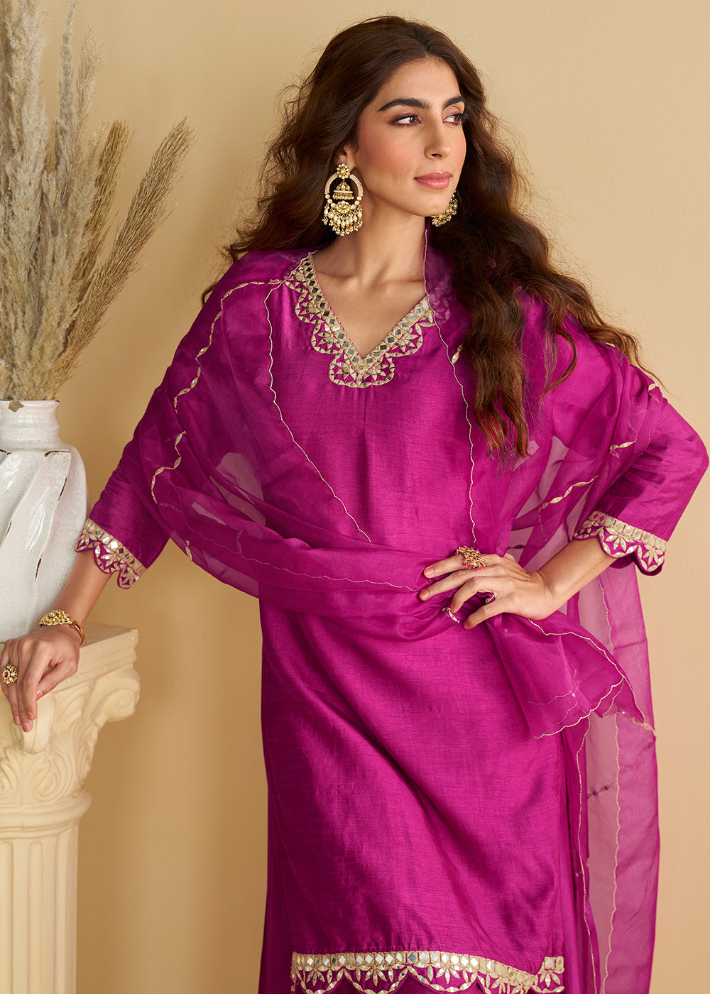 Buy Now Magenta Pink Mirror & Embroidered Palazzo Suit Online in Newark, Yorktown, Toronto, London, Munich, Chicago, Denver, Utah, Paris & Worldwide at Empress.