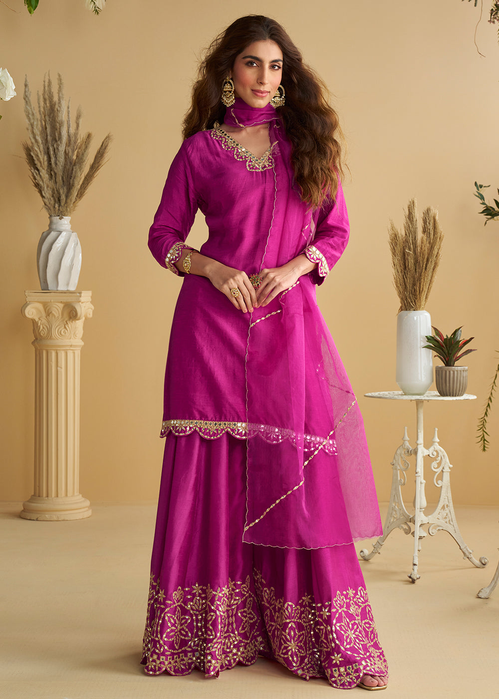 Buy Now Magenta Pink Mirror & Embroidered Palazzo Suit Online in Newark, Yorktown, Toronto, London, Munich, Chicago, Denver, Utah, Paris & Worldwide at Empress.