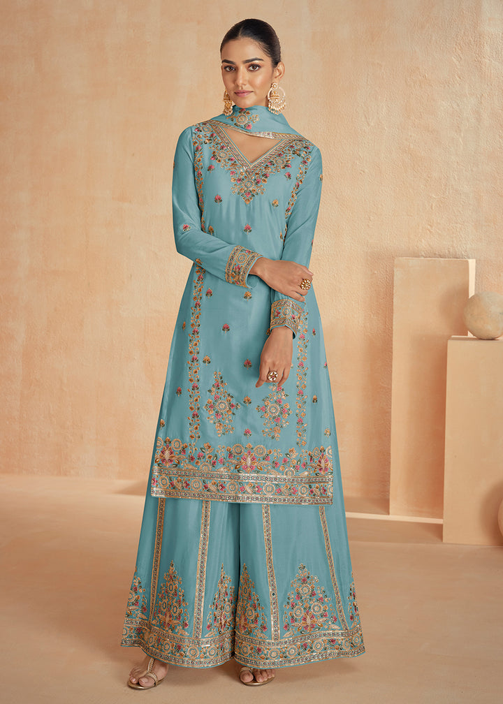 Buy Now Chinnon Silk Embroidered Sky Blue Designer Palazzo Suit Online in USA, UK, Canada, Germany & Worldwide at Empress Clothing.