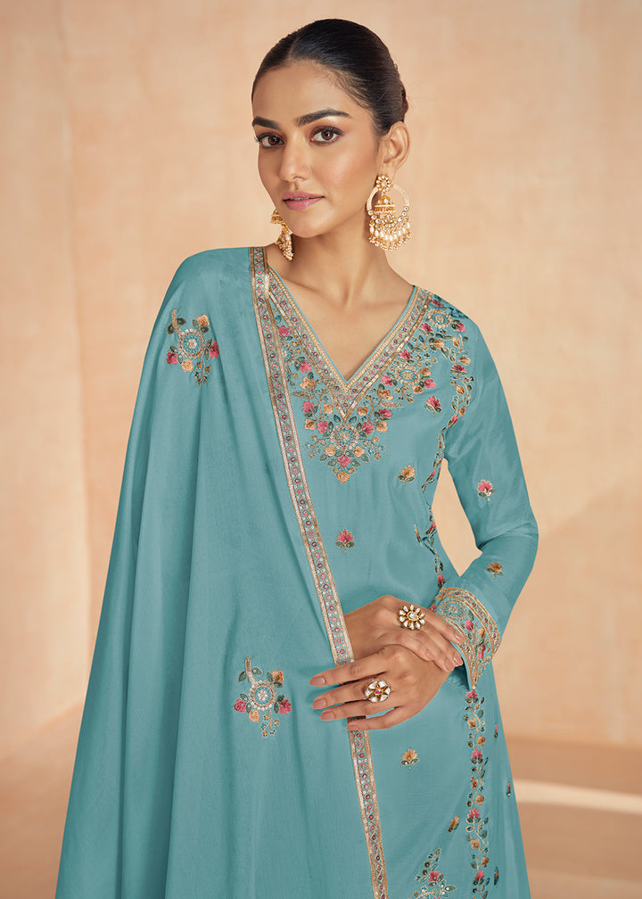 Buy Now Chinnon Silk Embroidered Sky Blue Designer Palazzo Suit Online in USA, UK, Canada, Germany & Worldwide at Empress Clothing.