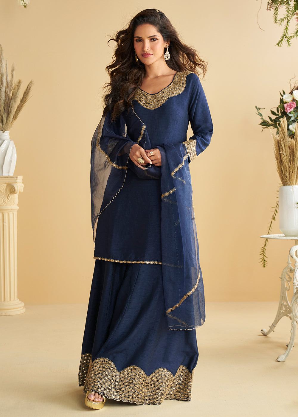 Buy Now Navy Blue Mirror & Embroidered Palazzo Suit Online in Newark, Yorktown, Toronto, London, Munich, Chicago, Denver, Utah, Paris & Worldwide at Empress.