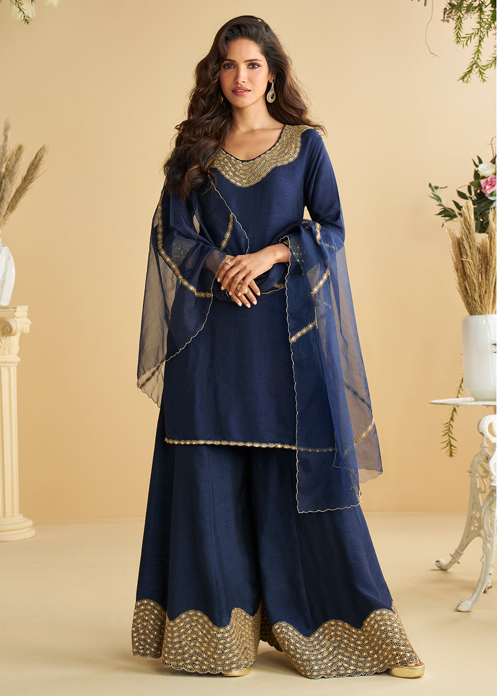 Buy Now Navy Blue Mirror & Embroidered Palazzo Suit Online in Newark, Yorktown, Toronto, London, Munich, Chicago, Denver, Utah, Paris & Worldwide at Empress.